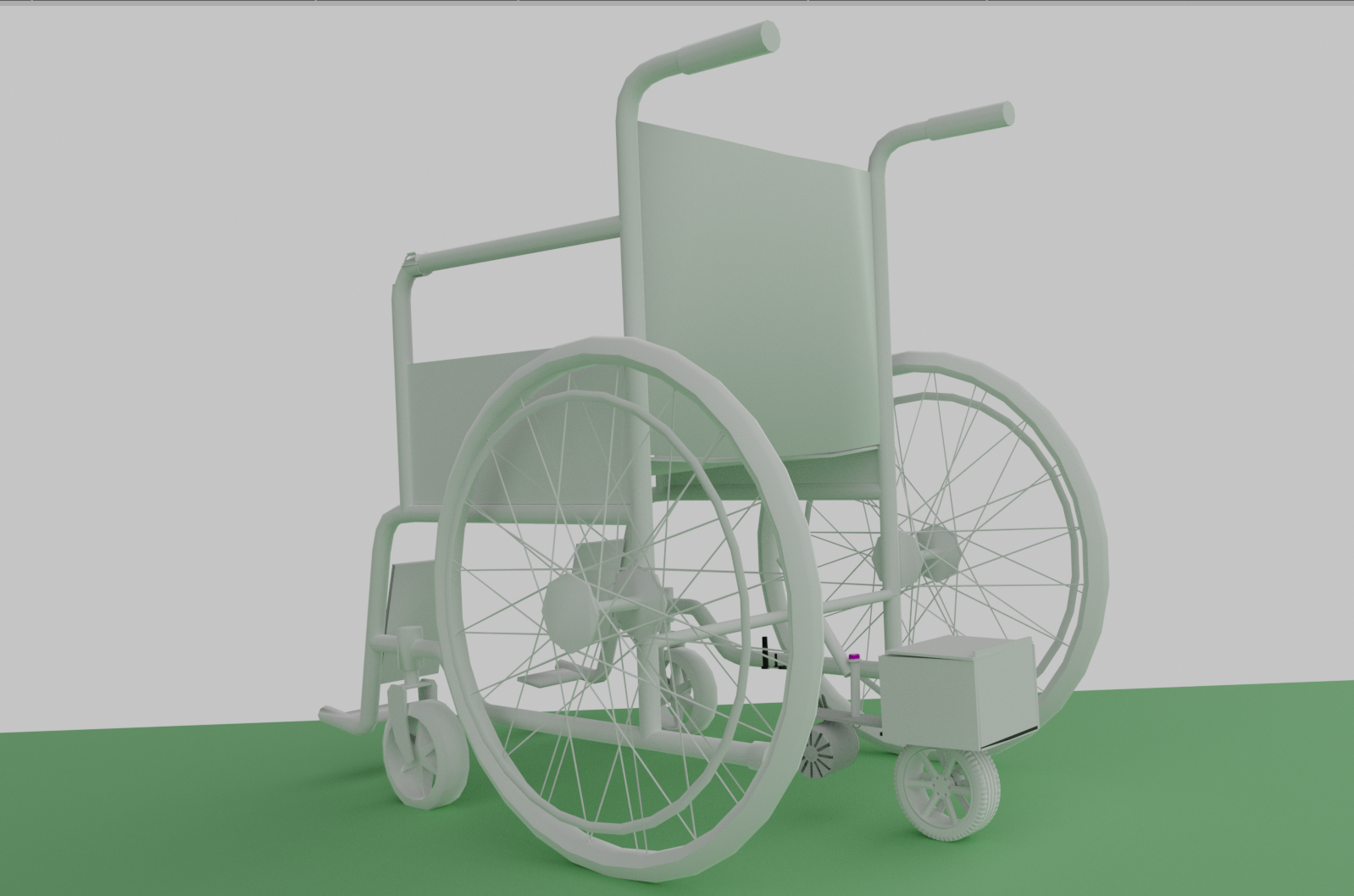 Render 3D del sistema RuedaTec Básico montado en una silla de ruedas